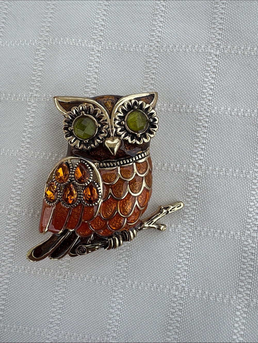 Napier Orange Enamel Owl Brooch with Green Eyes